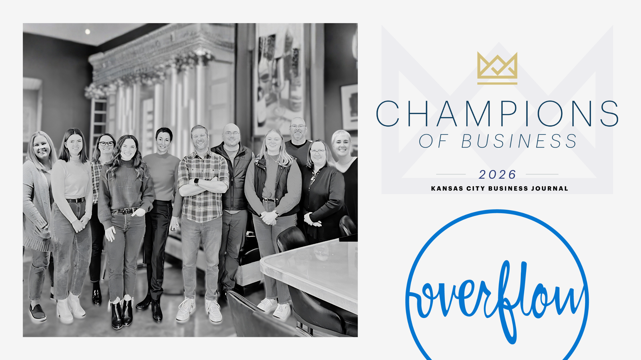 overflow-champions-of-business Overflow team group photo alongside KCBJ champions of business logo and overflow logo